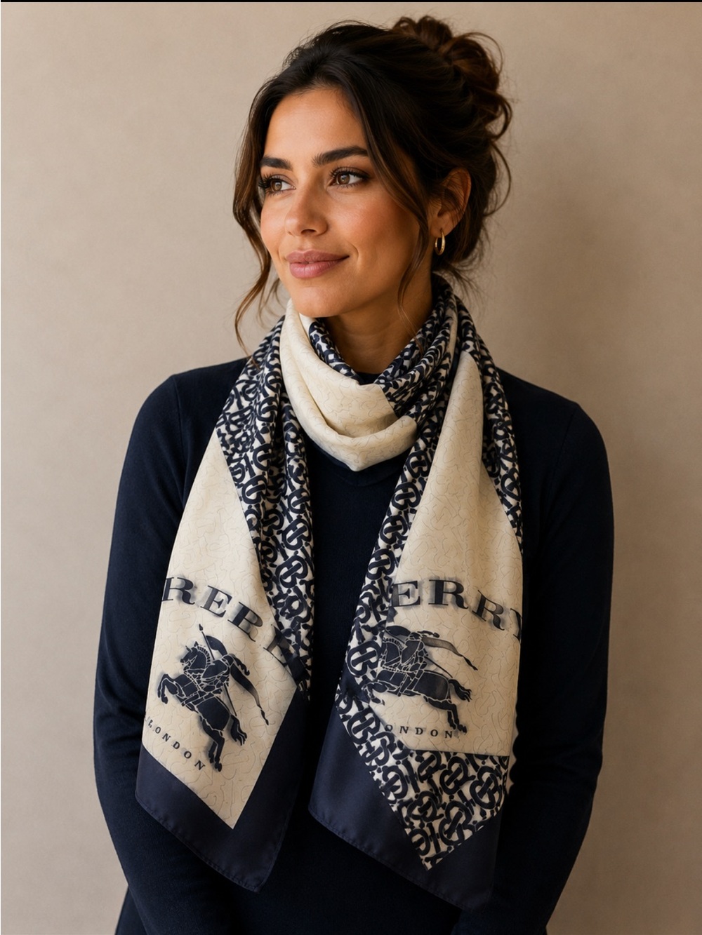 Luxury Cream and Navy Logo Scarf - Designer-Inspired Women’s Accessory